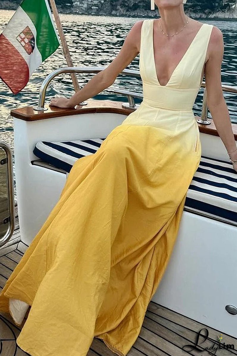 Sexy Gradient Print Contrast V Neck Long Dresses