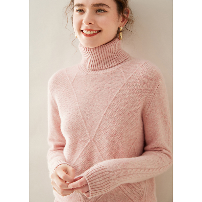 Diamond pattern Turtleneck Cashmere Sweater For Women REAL SILK LIFE
