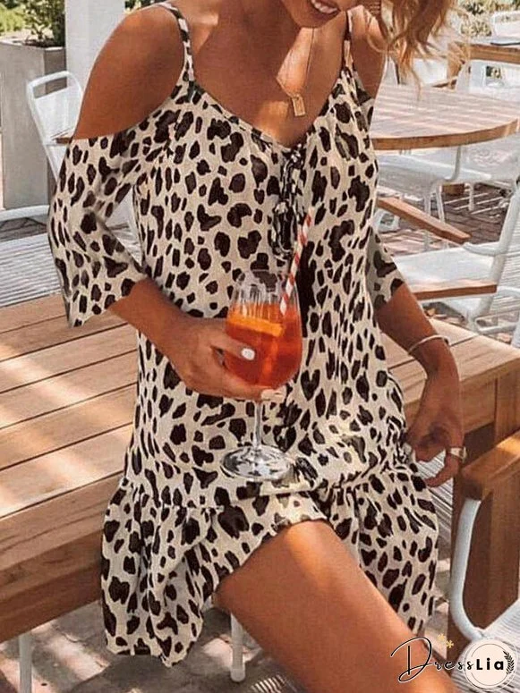 Short Sleeve Brown Leopard Print Mini Dress for Women