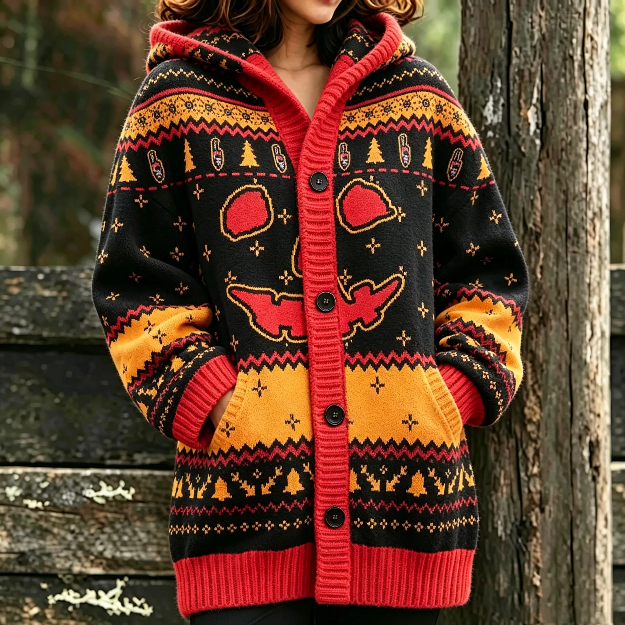 Comstylish Women's Dark Expression Christmas Tree Halloween Print Hooded Cardigan