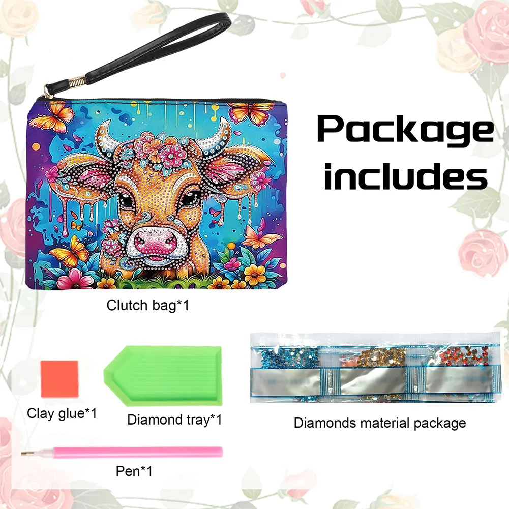 DIY Flowers Cow PU Partial Special Shaped Diamond Painting Wallet Makeup Bag