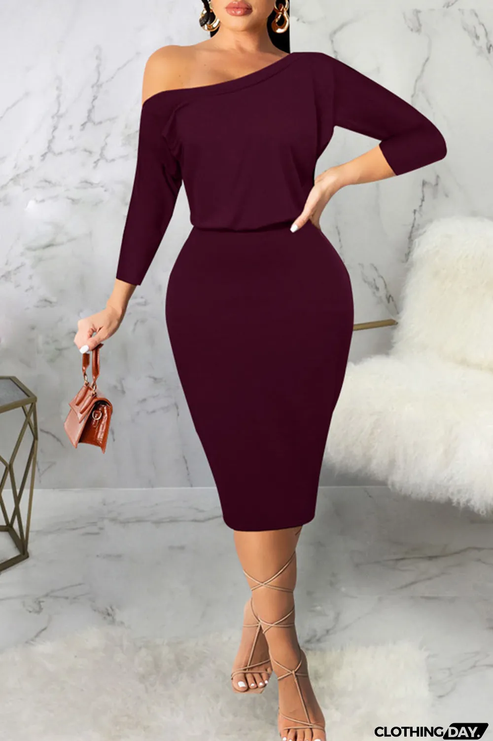 Black Casual Solid Split Joint Off the Shoulder One Step Skirt Dresses