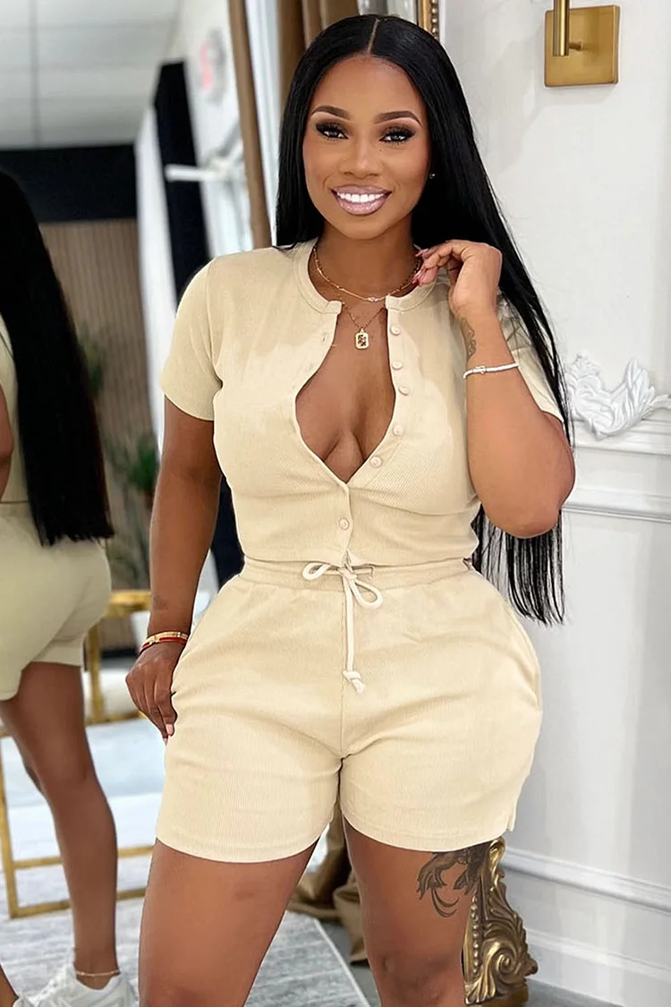 Button Up Short Sleeve Top Solid Shorts Casual 2pcs Set-Beige [Pre Order]