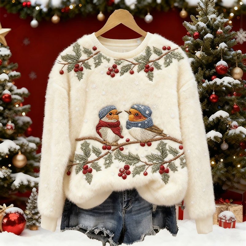Women's Christmas Flower And Bird Embroidery Art Plush Sweatshirt elevenforest