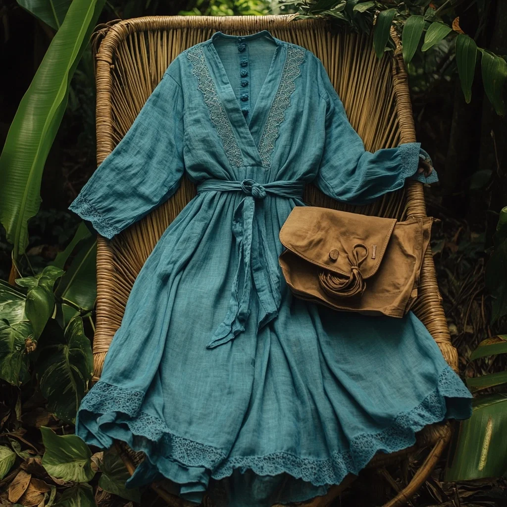 Bohemian Lace Trimmed Wrap Dress with Belt and Tassel Bag Set