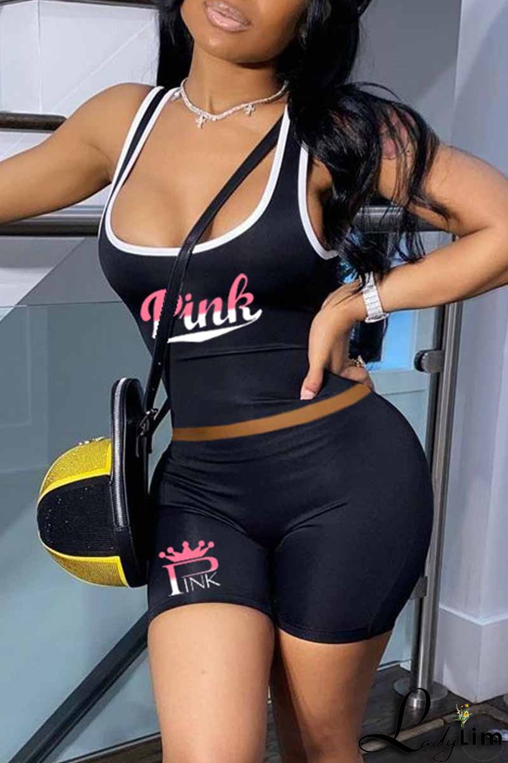 Pink Casual Print Letter U Neck Sleeveless Two Pieces