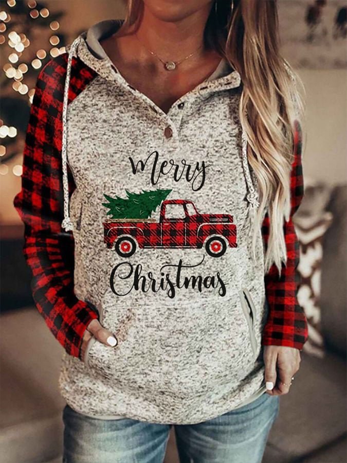 Women's Merry Christmas Truck Tree Print Check Hoodie