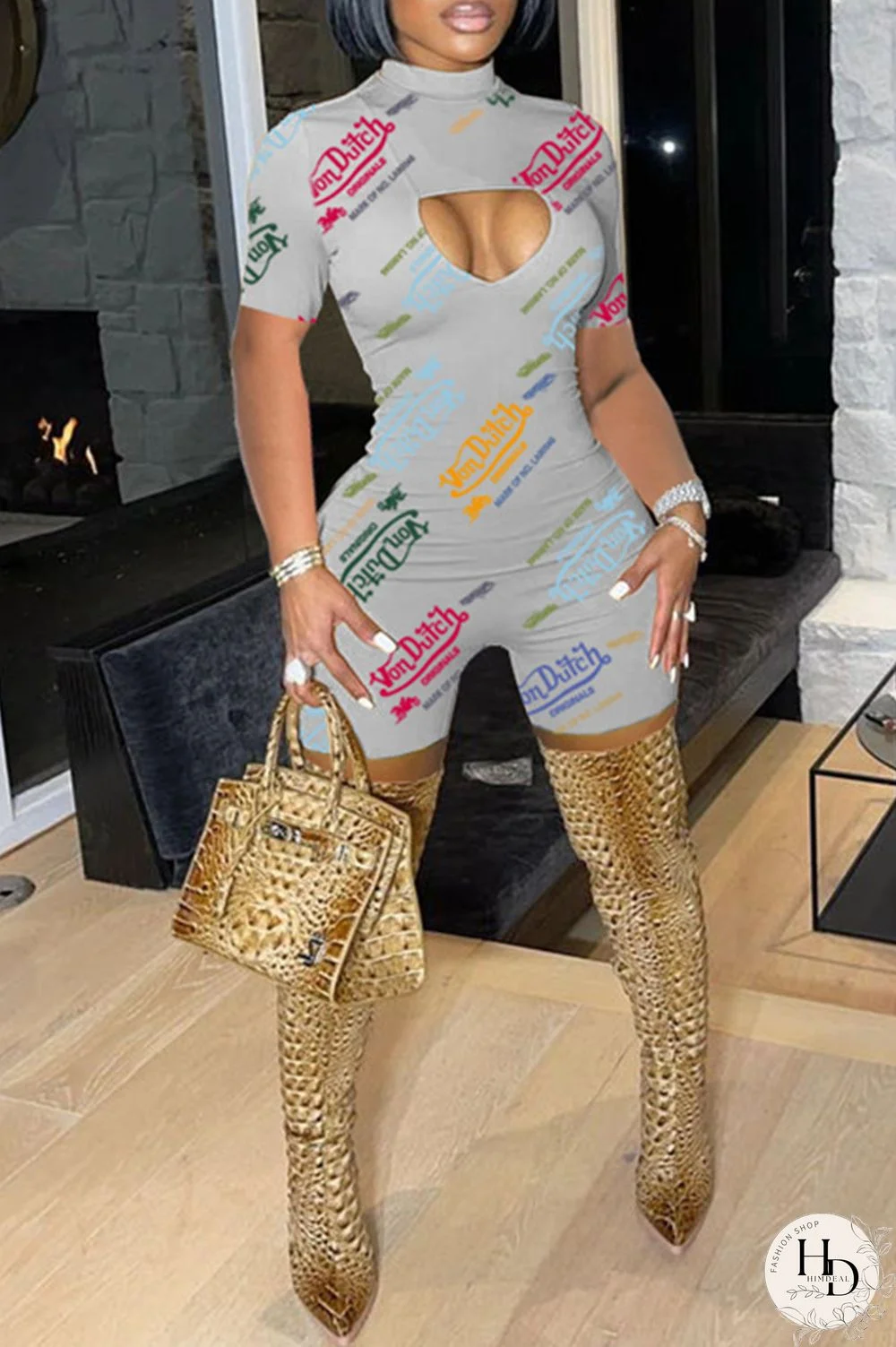 White Fashion Casual Print Hollowed Out Turtleneck Skinny Romper