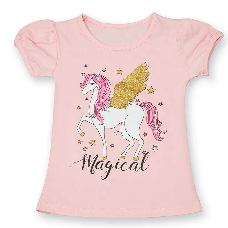 Fashion Unicorn Girls T-shirt Children Short Sleeves White Tees For Boys Baby Kids Cotton Tops For Girls Clothes 3 4 5 6 7 8 Yrs