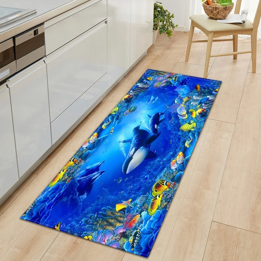 3D Underwater World Kitchen Mat  Entrance Doormat Bedroom Floor Decoration Living Room Carpet Bathroom Non-Slip Rug Long Strip