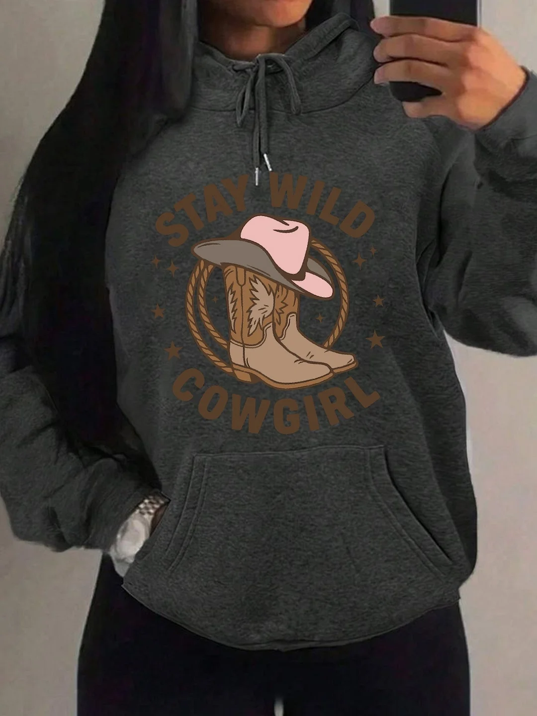 Cowboy Boots, Pink Cowboy Hatprinted Women's Plain Long Sleeve Drawstring Hooded Loose Casual Sweatshirt, Autumnwinterspringsummer, Long Sleeve Tops, Solid Color Hoodie, Loose Hoodie, Suitable For Spring, Summer, And Autumn | IFYHOME