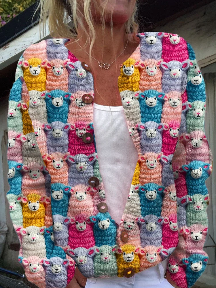 Funny Sheep  Art  Print Buttoned Cardigan Sweater