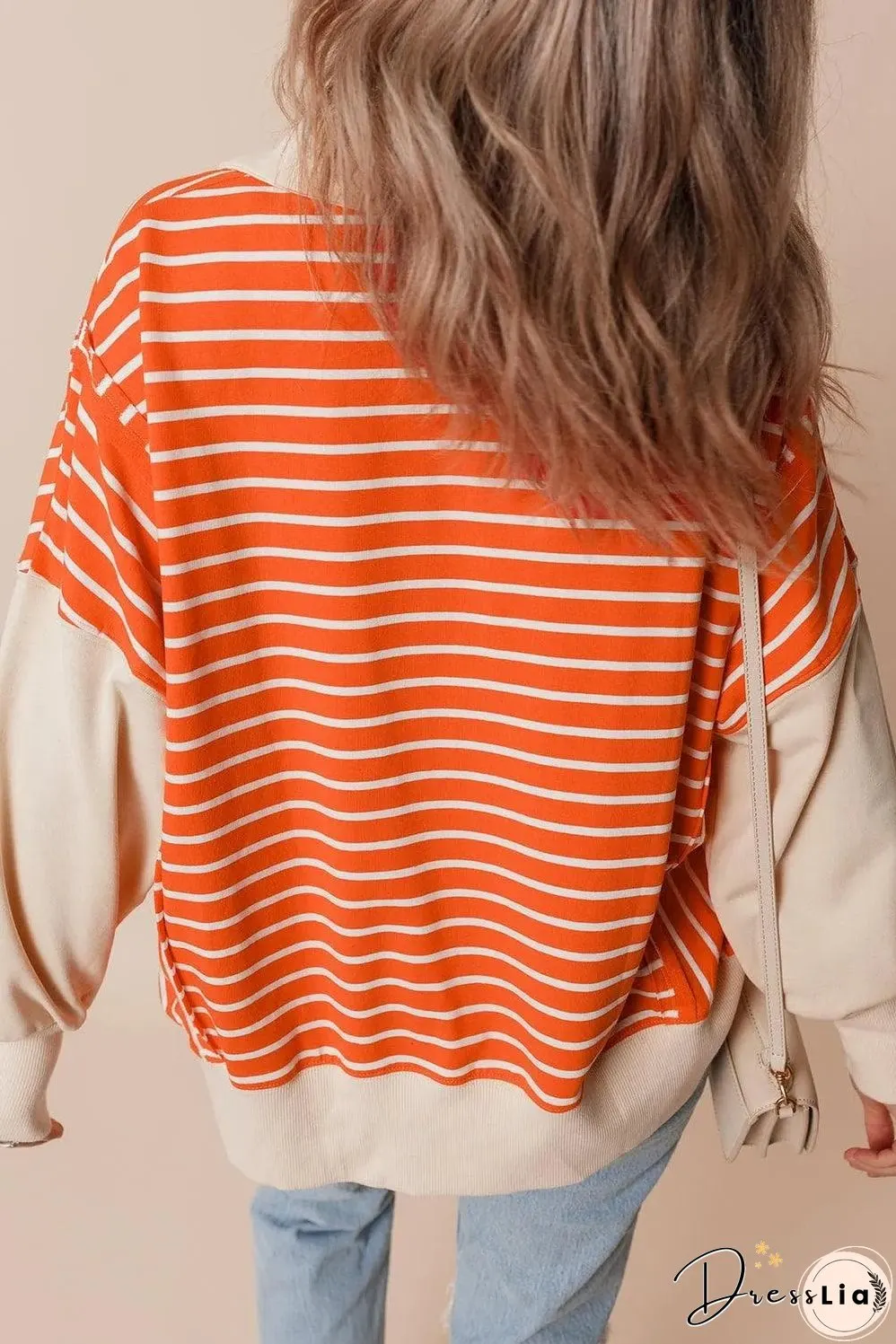 Orange Stripe Color Block Loose Fit Collared Drop Shoulder Sweatshirt
