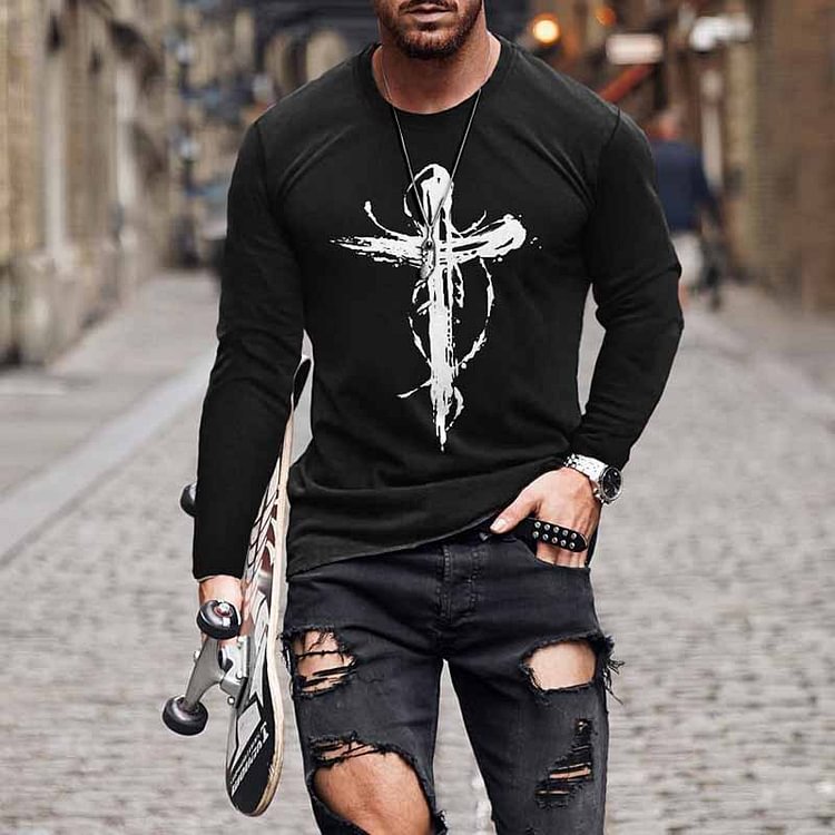 BrosWear Men's Personality Cross Design Long Sleeve T-Shirt