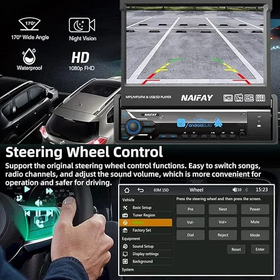 T Radio retráctil automático con pantalla retráctil, 7 pulgadas, Android Auto, Bluetooth, radio con navegación automática, FM