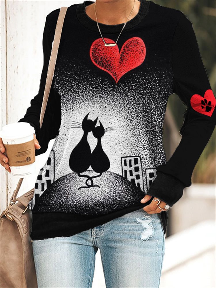 VChics Cats In Love Print Crewneck Long Sleeve Sweatshirt
