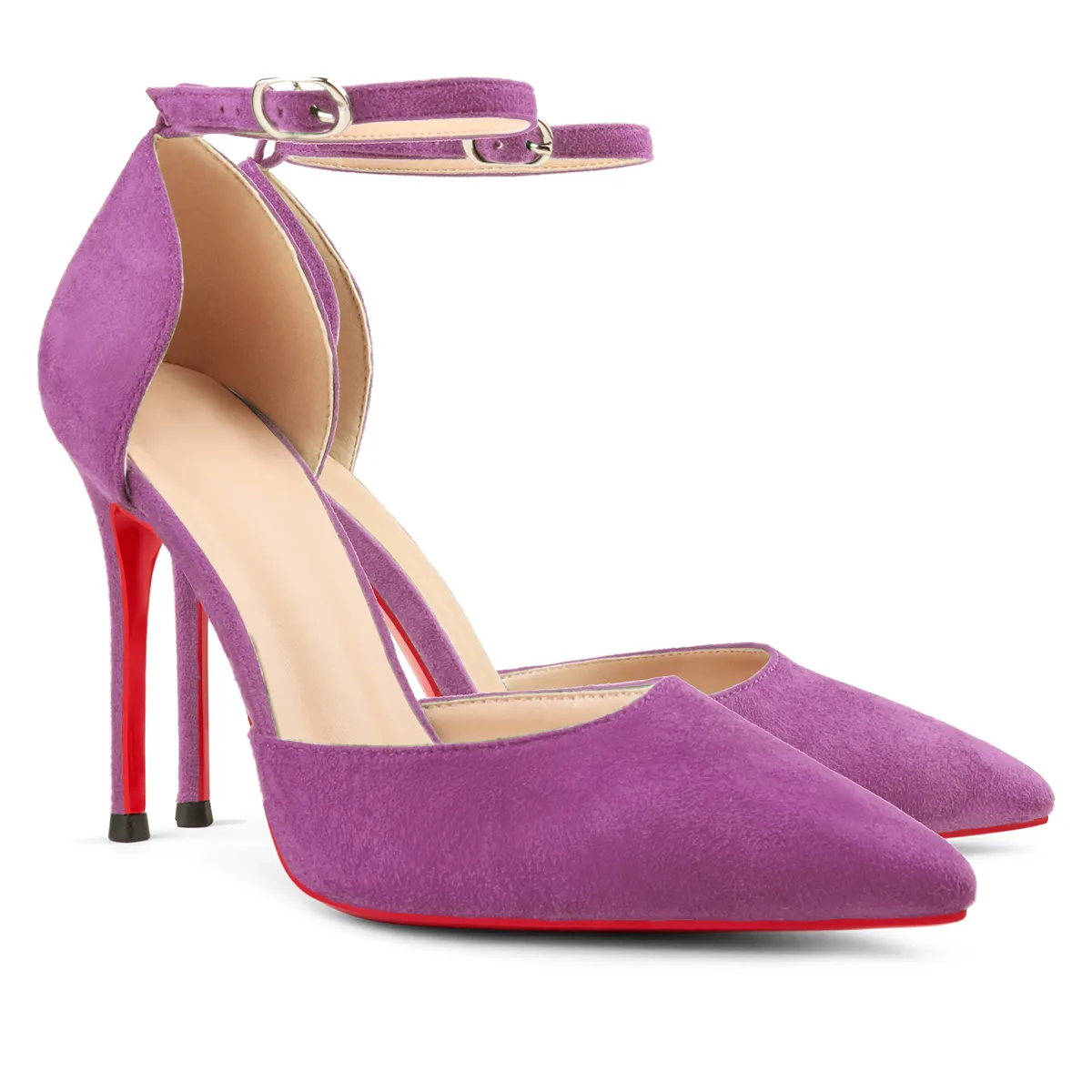100mm Women&rsquo;s High Heels Ankle Strap Pointed Toe Suede Pumps Wedding Party  Sandals-vocosishoes