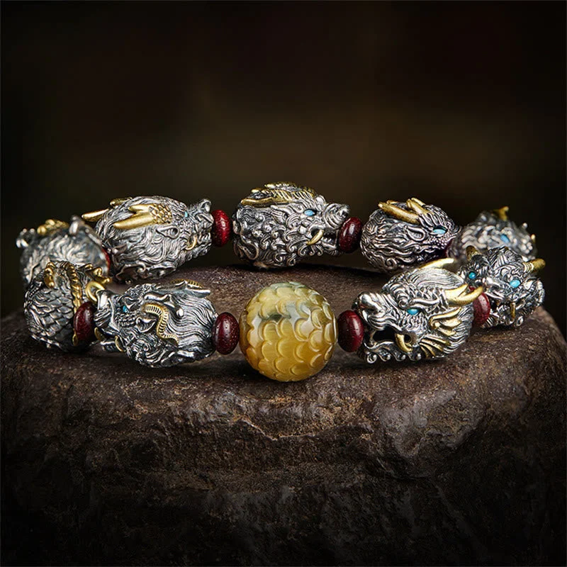 Sandalwood Nine Dragons Head Copper Luck Bracelet