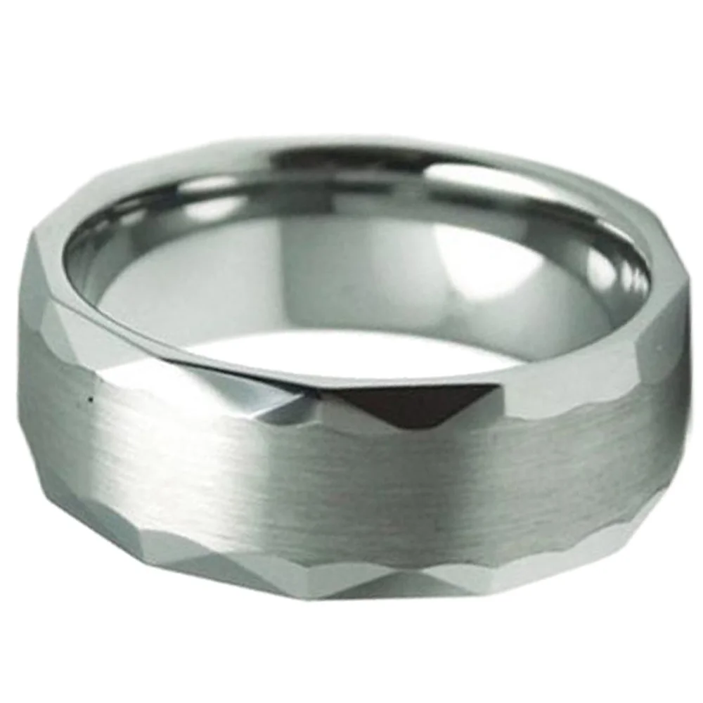 Silver Tungsten Carbide Rings Brushed Surface Multi-Faceted Edge Couple Wedding Band