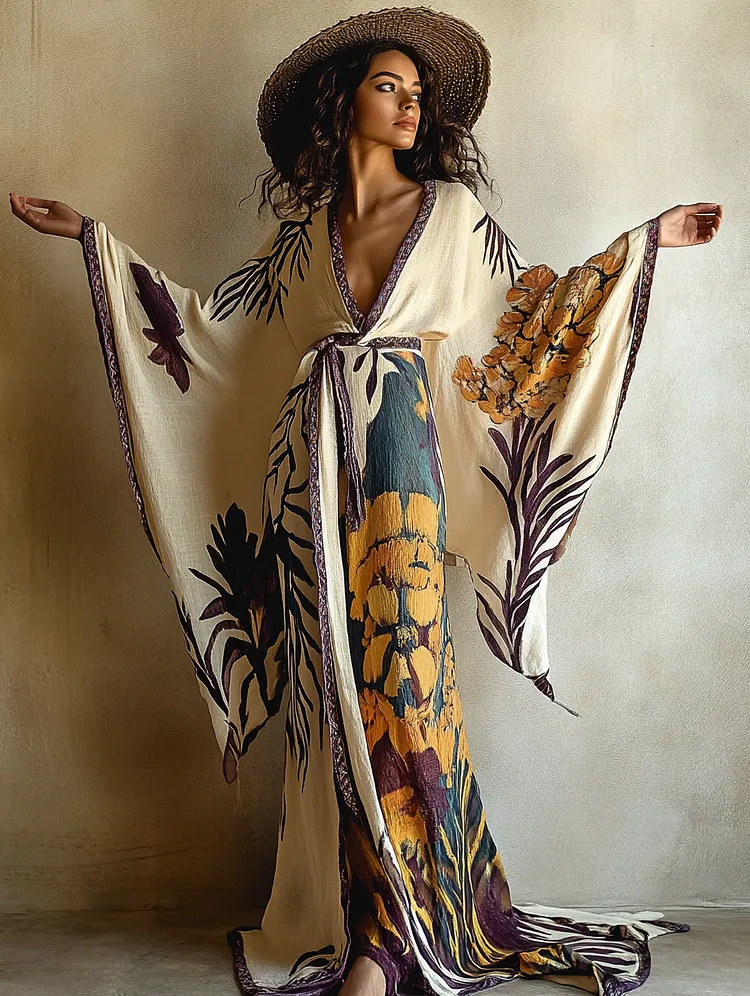 Women's Lemon Yellow Gladiolus Kimono Linen Robe (Including Belt)
