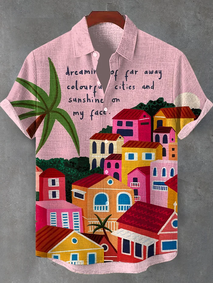 Men's Dreaming Of Far Away Colorful Cities And Sunshine On My Face Print Short Sleeve Shirt