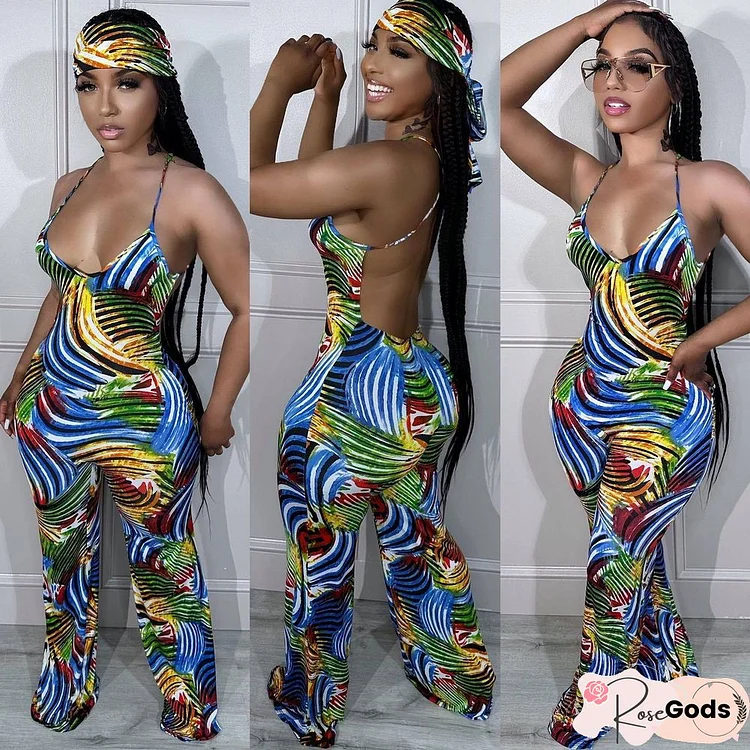 Sleeveless Sling Painted Print Backless Jumpsuit(With Headscarf)