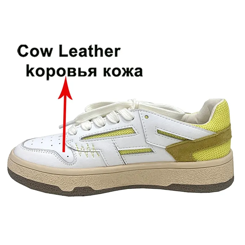 Meotina Sneakers Genuine Leather Shoes Woman Flat Lace up Shoes Round Toe Ladies Footwear 2021 Autumn Flats Casual Shoes Yellow