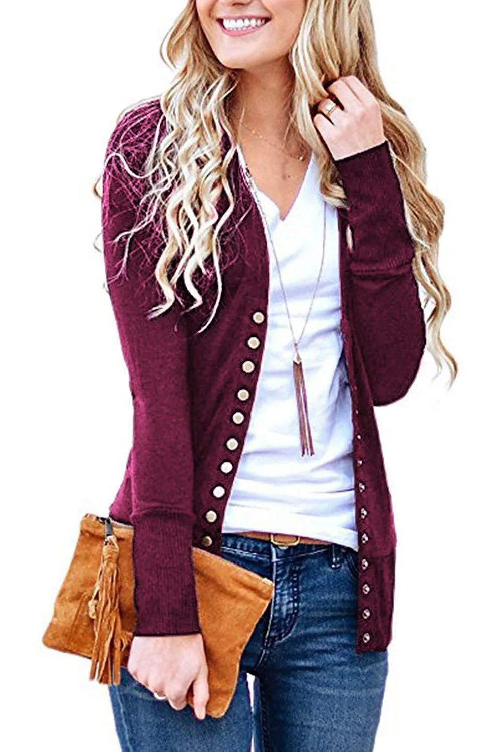 Churchf Churchf Hot Style Spring Wish Short Solid Color V-Neck Long Sleeve Button Cardigan Top