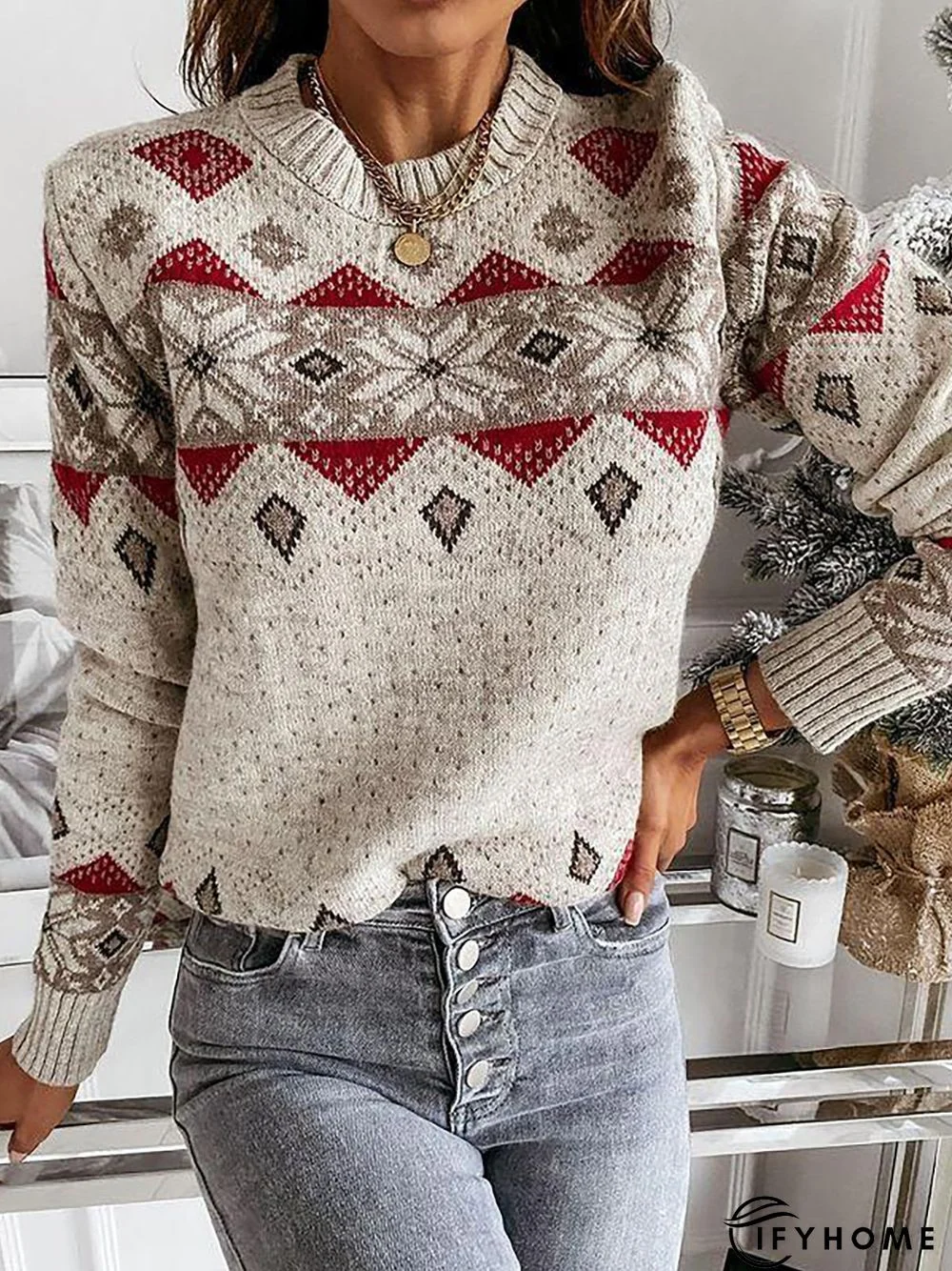 Casual Holiday Printed Long Sleeve Round Neck Sweater | IFYHOME