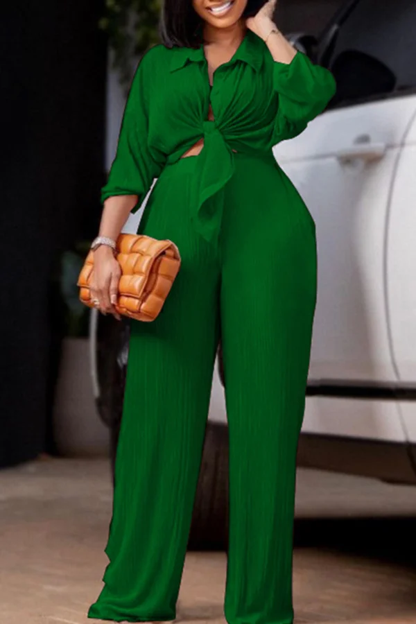 Plus Size Solid Color Pleated Pants Suit