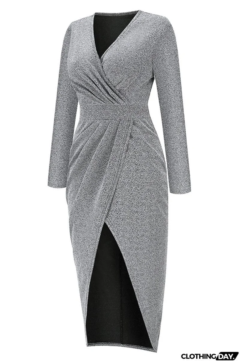 Sweet Elegant Solid Bronzing Sequins V Neck One Step Skirt Dresses(3 Colors)