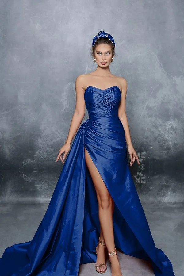 Royal Blue Slit Backless Sweetheart Evening Dress With Ruffles | Ballbellas Ballbellas