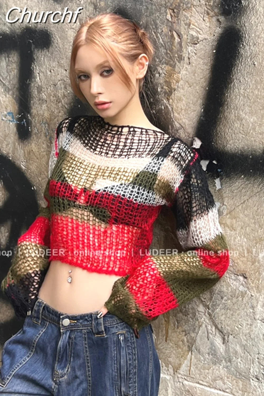 Churchf Y2K Vintage Oversized Sweater Women Harajuku Grunge Hollow Out Knitted Pullover Fashion Backless Crop Tops Jumper 2000s