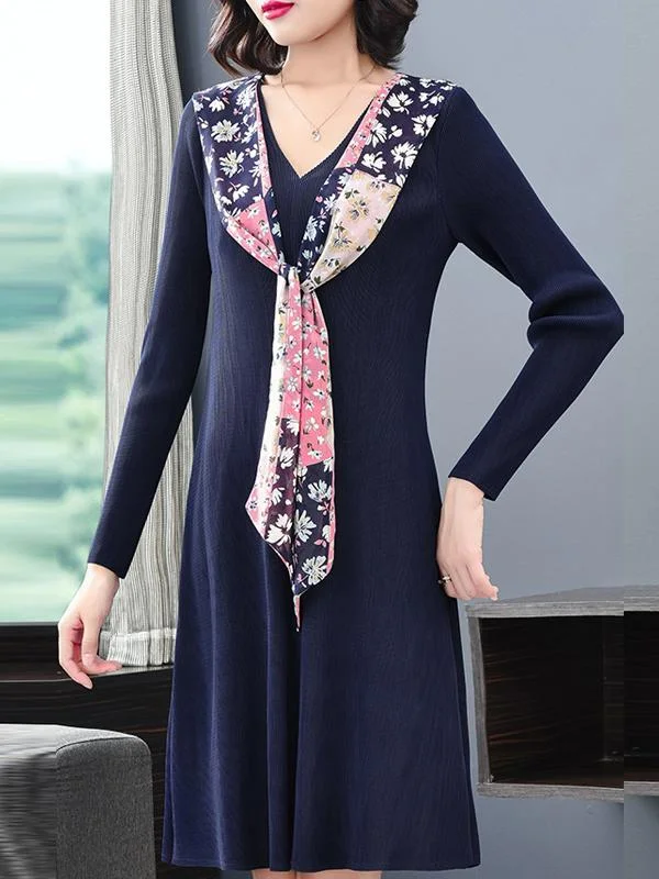 Elegant long-sleeved mid-length loose pleated dress