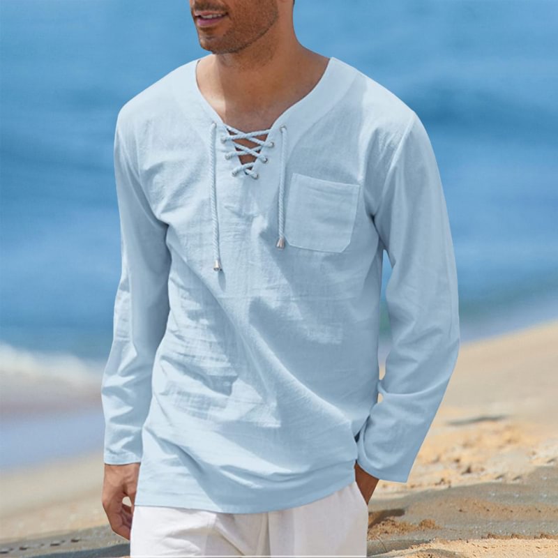 Men's Linen V-Neck Pocket Loose Solid Color Long Sleeve Shirt