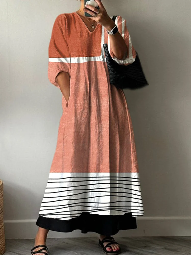 Women's   Minimalist  Print Pocket V-neck Cotton Dress