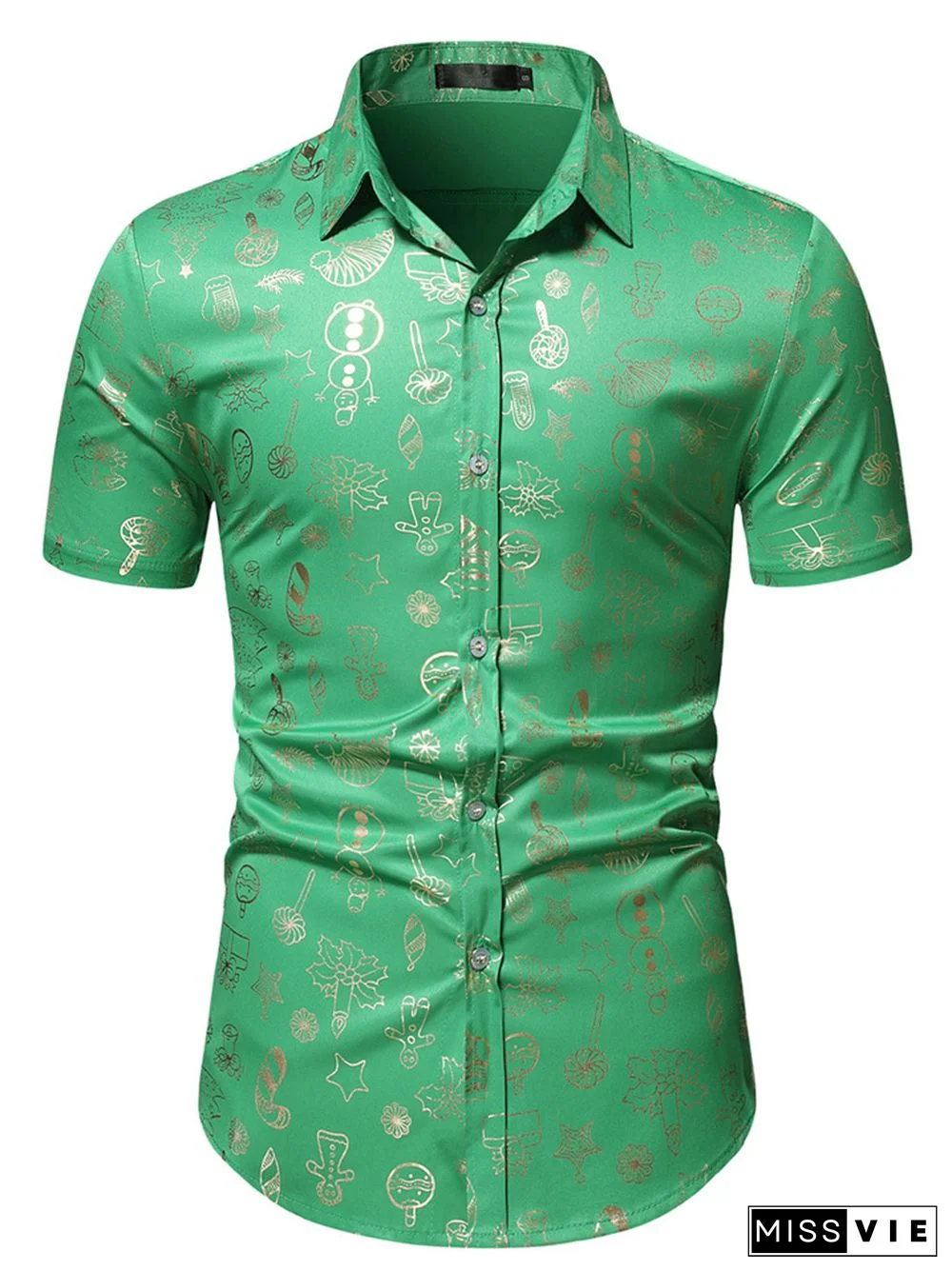 Casual Solid Colorblocking Fashion Printing Slim Shirt Men's Lapel Single-breasted Short-sleeved Christmas Shirt Cardigan