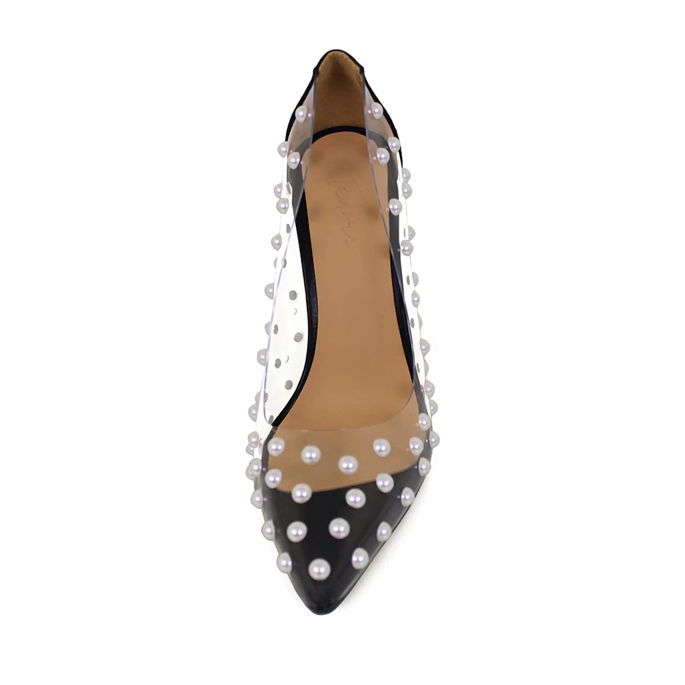 100mm Women's Pumps Pointed Toe Women High Heel Shoes Fashion Pearl Studded PVC Clear Heels Party Dress Red Bottom Shoes-vocosishoes