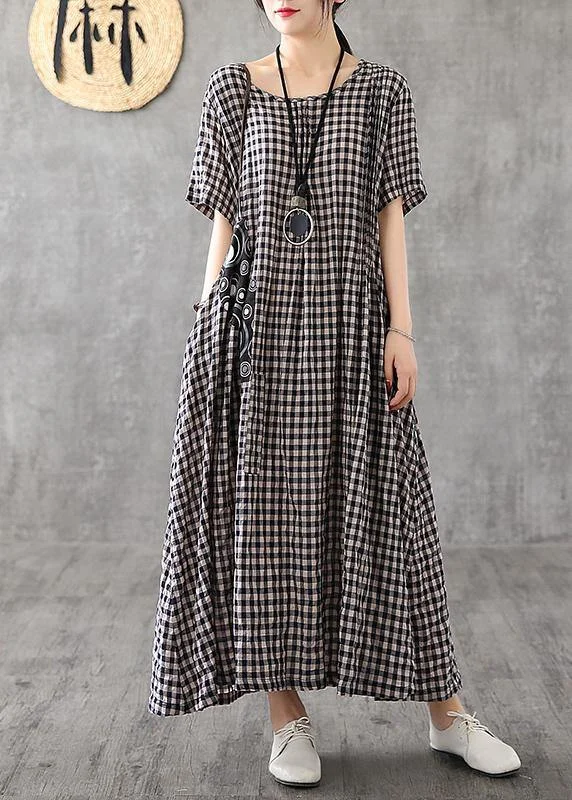 Vivid patchwork linen quilting dresses Runway black plaid Dresses summer