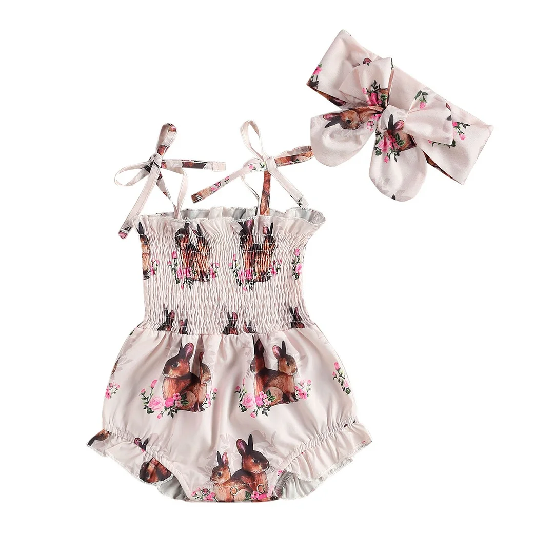 Infant Baby Girl’s Lace-Up Suspender Easter Romper Fresh Printing Pleated Ruffles Jumpsuits and Headband