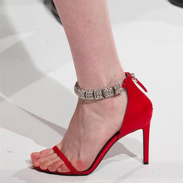 Red Rhinestone Open Toe Stiletto Heels Zip Ankle Strap Heels Sandals Vdcoo