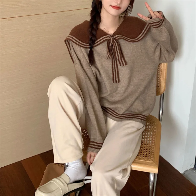 Ueong Autumn Winter New Navy Gets Small Pure And Fresh Design Sense Soft Waxy Knit Head Loose Sweater Female Temperament Jacket
