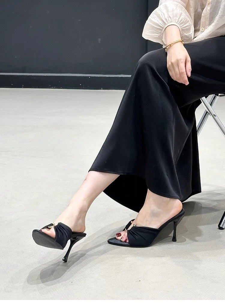 Yyvonne Spring And Summer New High-Heeled Metal Buckle Folded Tip-Toed Cool Slippers Sexy Fine And Lady Cloth Slippers