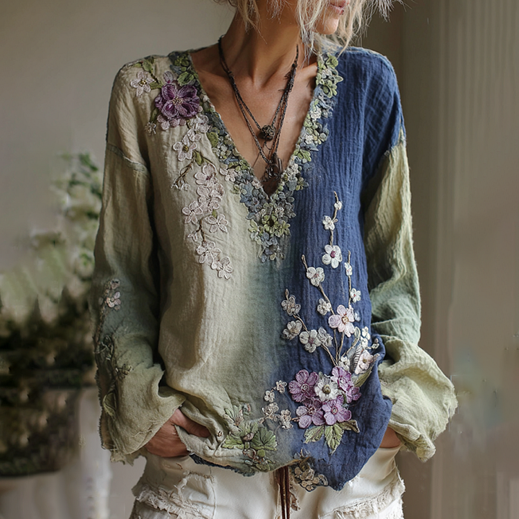 VChics Classy Vintage Gradient Japanese Sakura Cherry Blossoms Embroidered Cotton And Linen Long Sleeve Shirt