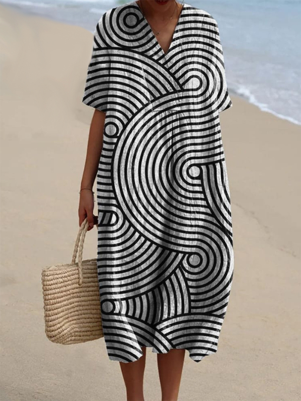 Line Drawing Swirl Pattern Printing Flowy Midi Dress