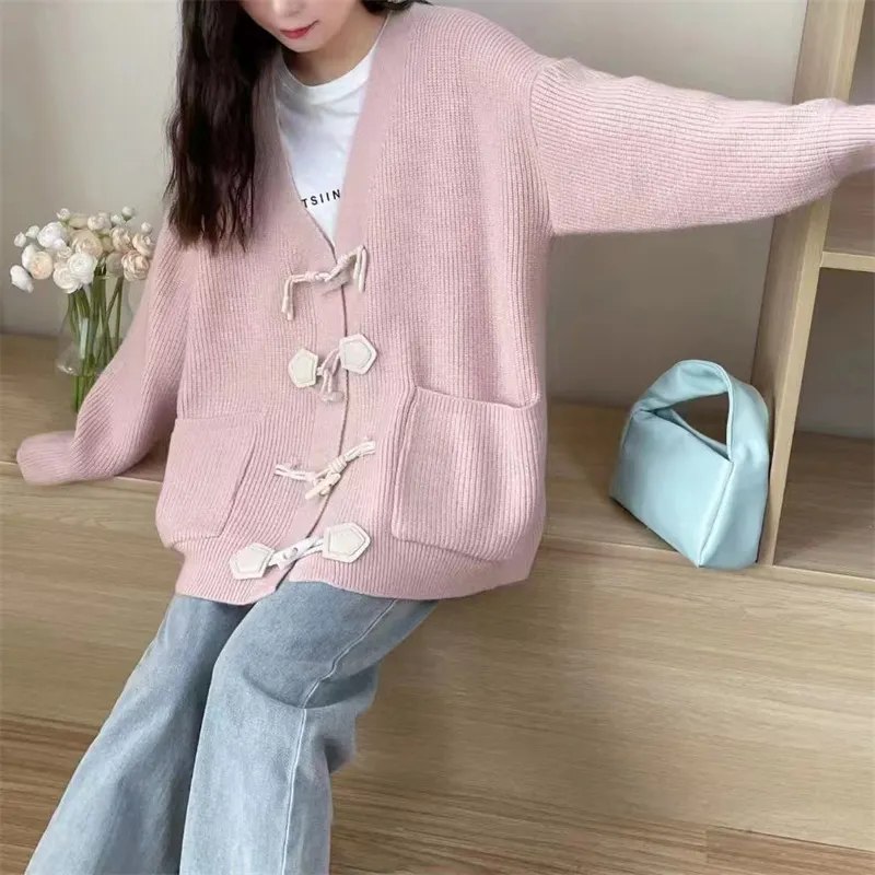 Churchf Churchf Winter Korean Department New Style Ox Horn Buckle Knit Cardigan Languid Lazy Wind Sweater Design Feeling Loose Fashionable Casual Jacket Female