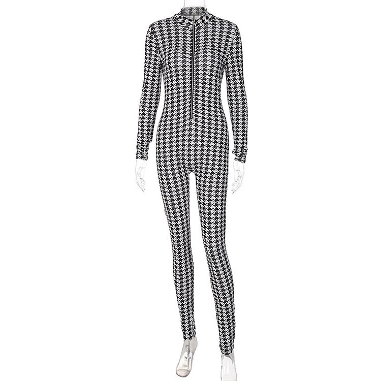 Hugcitar Long Sleeve Houndstooth Plaid Sexy Zipper V Neck Jumpsuit 2021 Summer Autumn Women Fashion Streetwear Outfits