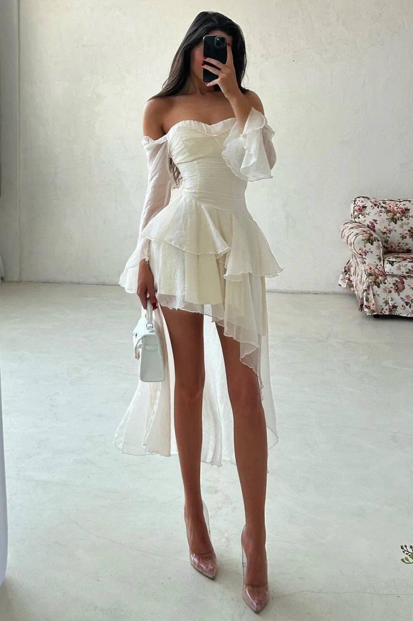 Oknass Strapless Long Sleeves Off the Shoulder Short Prom Dress With Ruffles