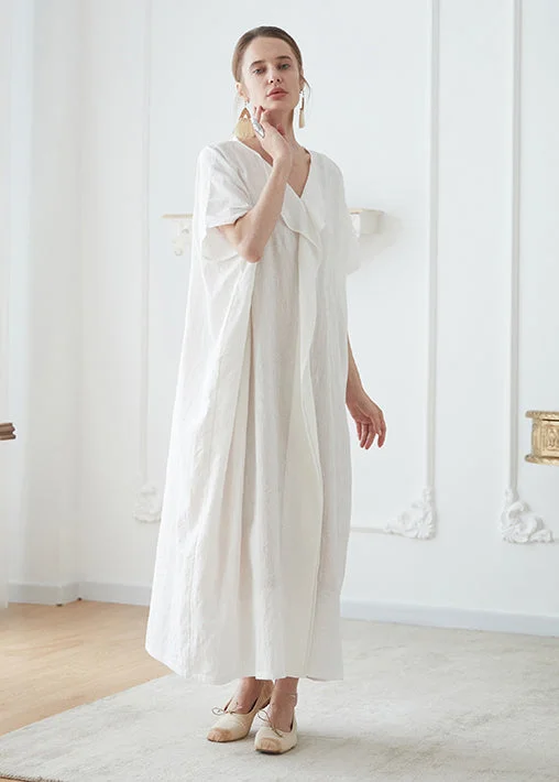 Natural White V Neck Jacquard Patchwork Cotton Robe Dresses Summer