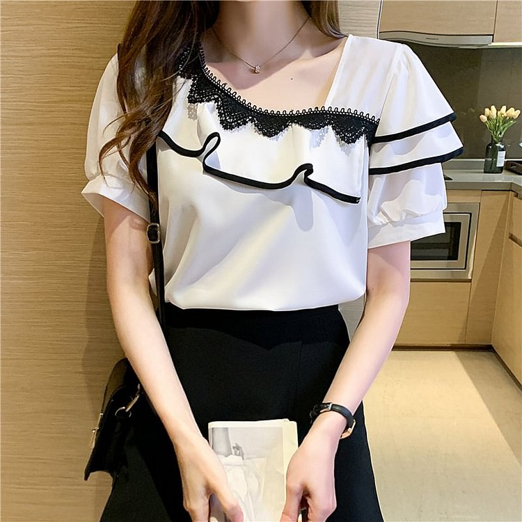 White Short Sleeve Ruffled Casual Shirts & Tops